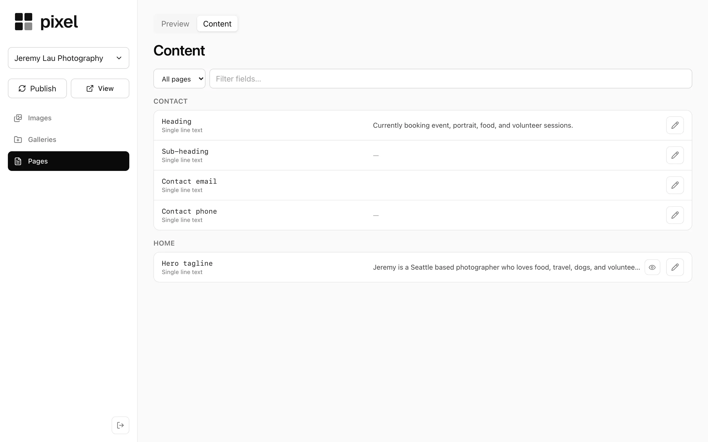 Pixel’s Content tab, listing the editable fields of the Contact and Home pages with their current text.