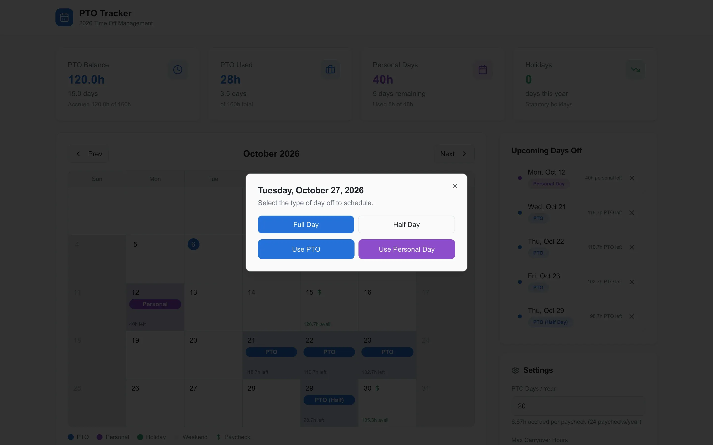 The dialog for booking a day off, with options for a full or half day of PTO or a personal day.