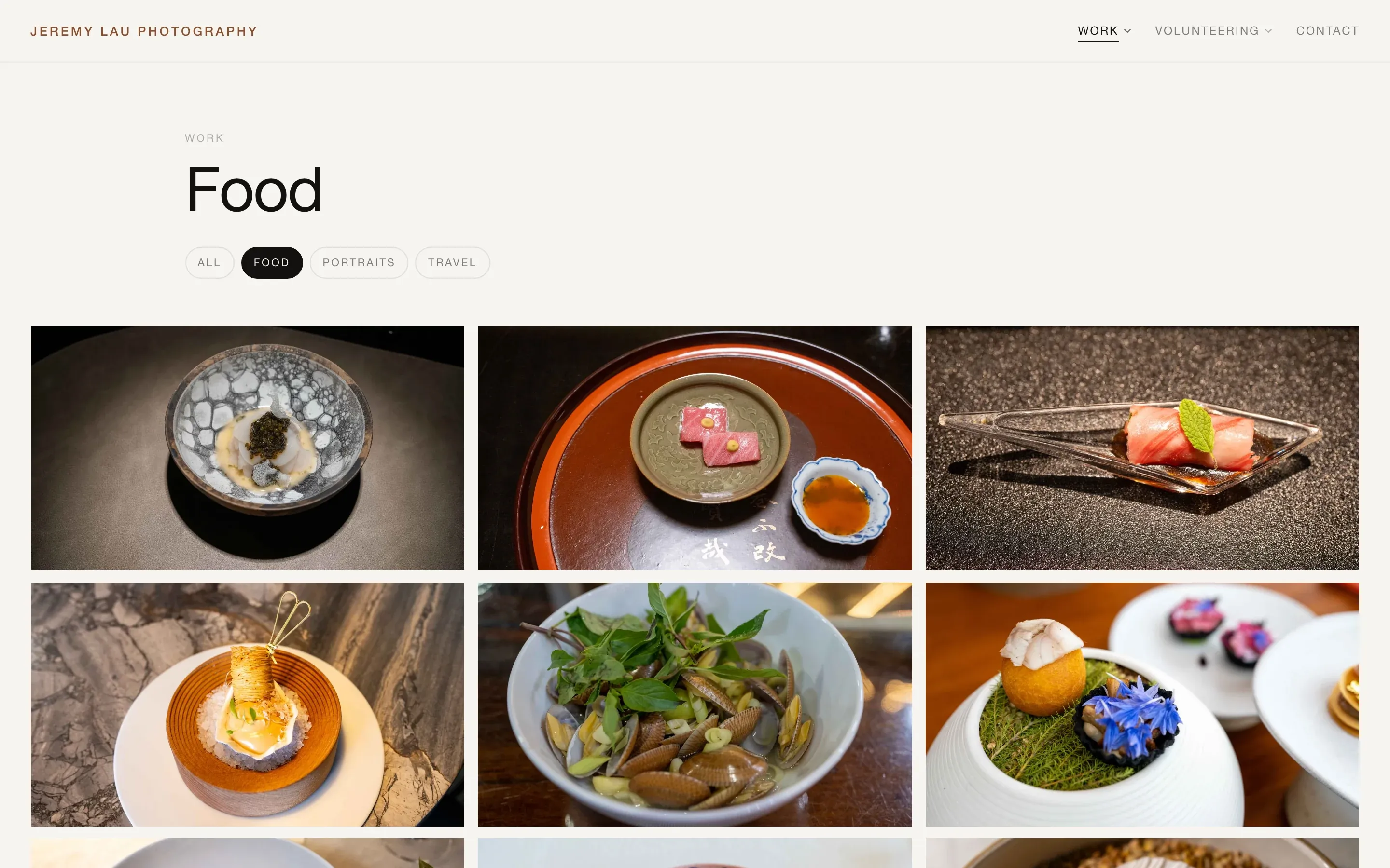 The food gallery, a grid of plated dishes with filters for food, portraits and travel.