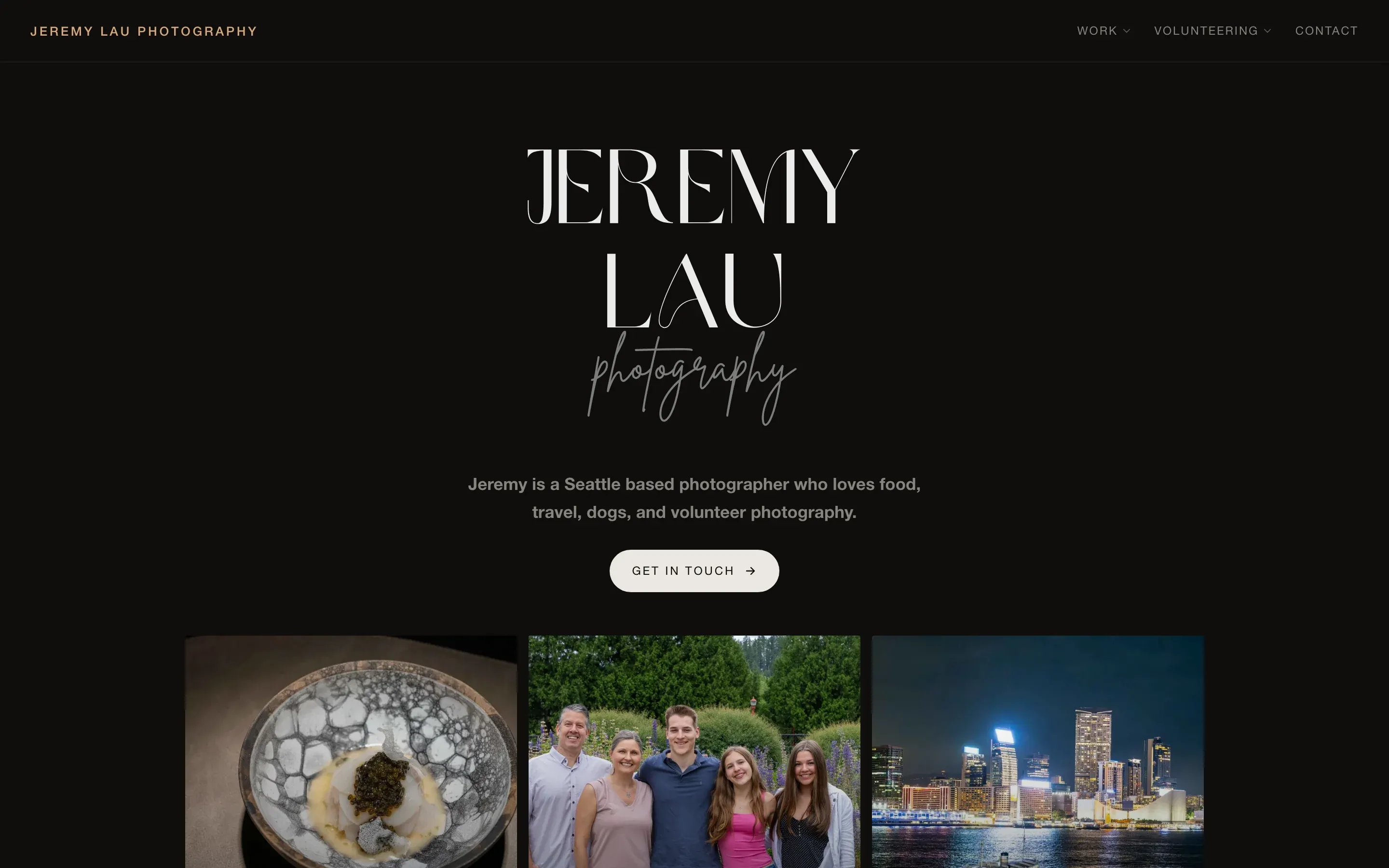 The home page in dark mode, with his name set in white on a near-black background.