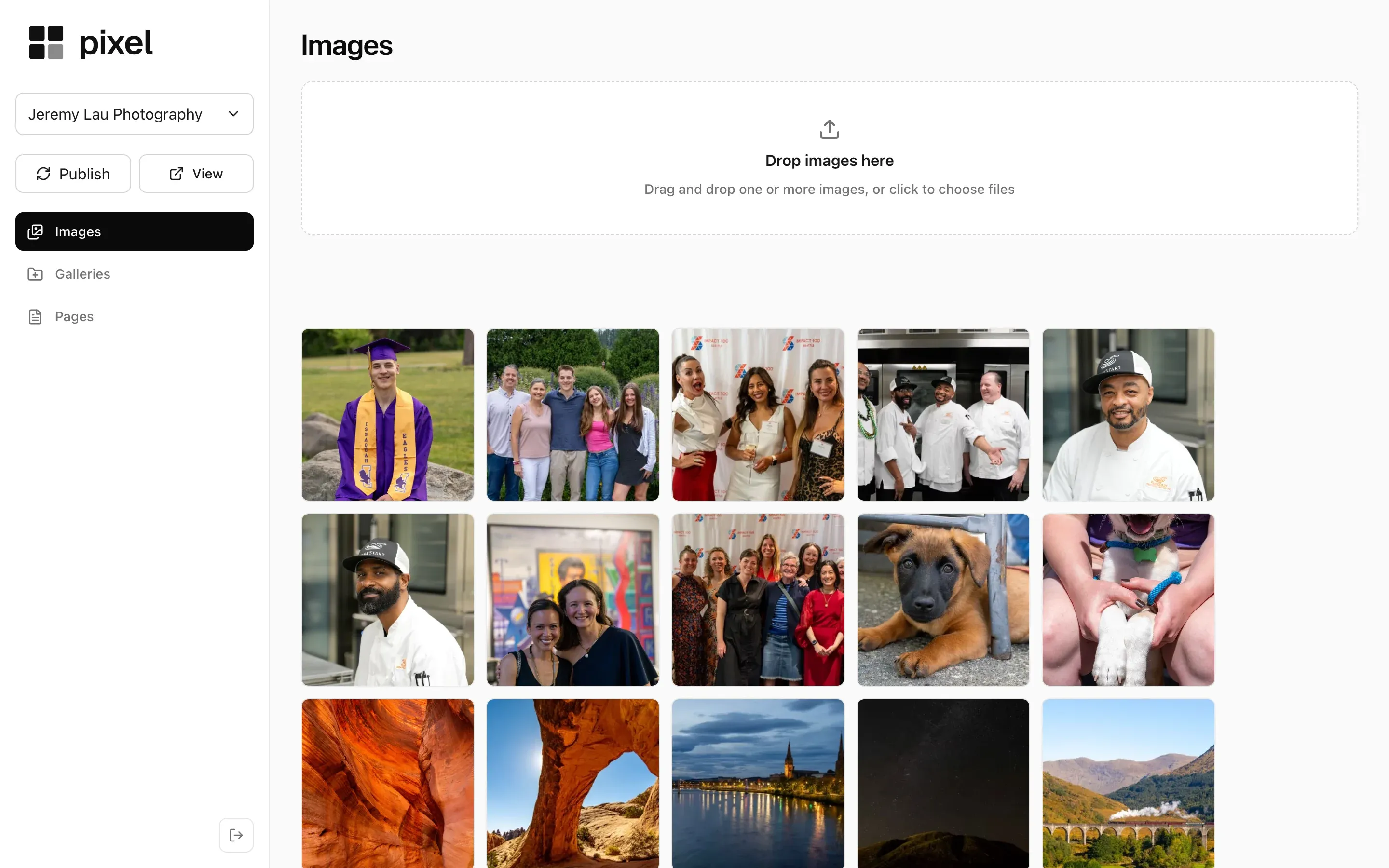 Pixel’s image library with an upload area above a grid of Jeremy’s photos.