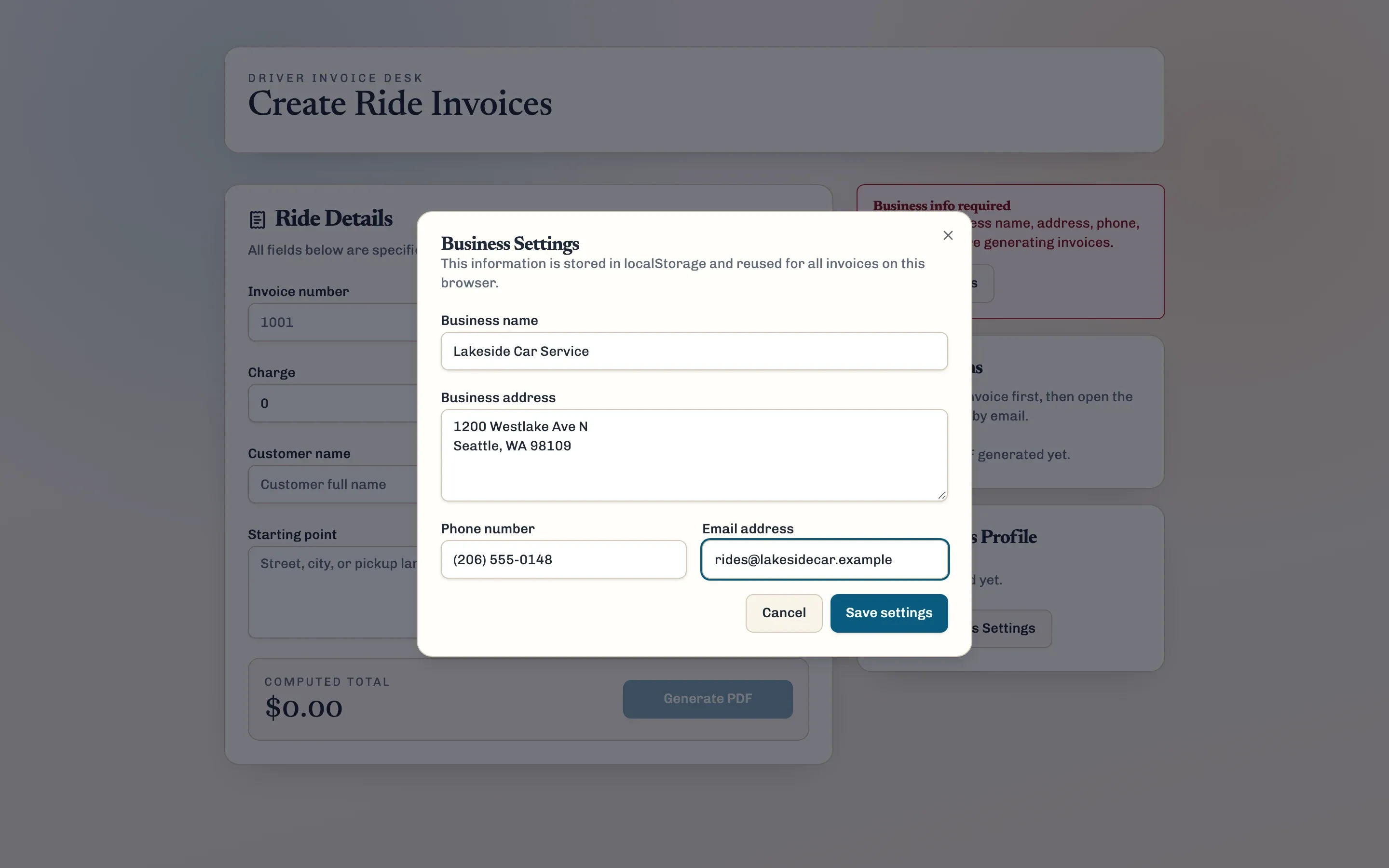 The business settings dialog, with the business name, address, phone number and email.